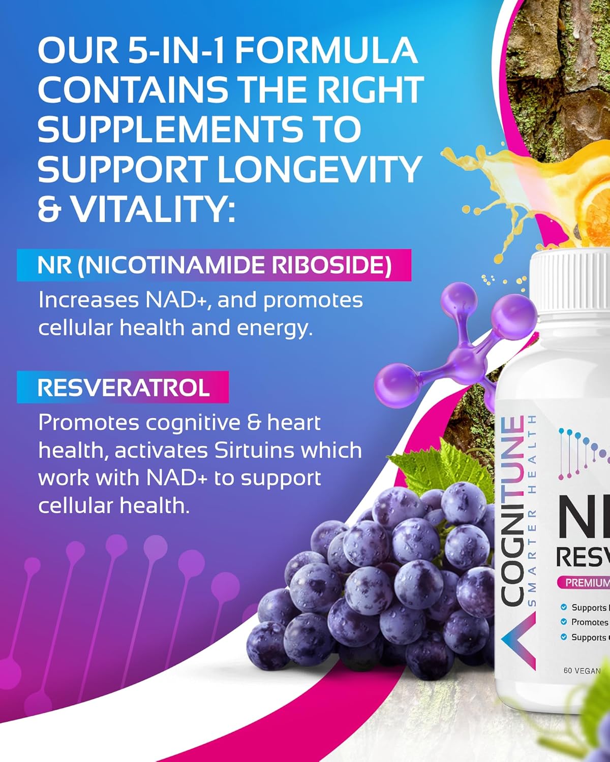 CogniTune NR + Resveratrol Supplement - Boost NAD Levels, Enhance Cellular Health & Longevity - Anti Aging Formula with Nicotinamide Riboside, Trans Resveratrol, Vitamin C & Antioxidants