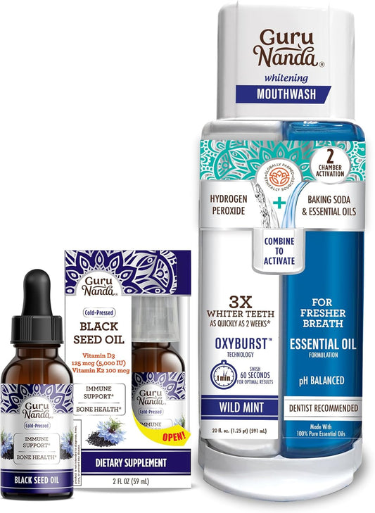 Cold-Pressed Black Seed Oil with Vitamin D3, K2, and E + Hydrogen Peroxide Mouthwash for Oral Care