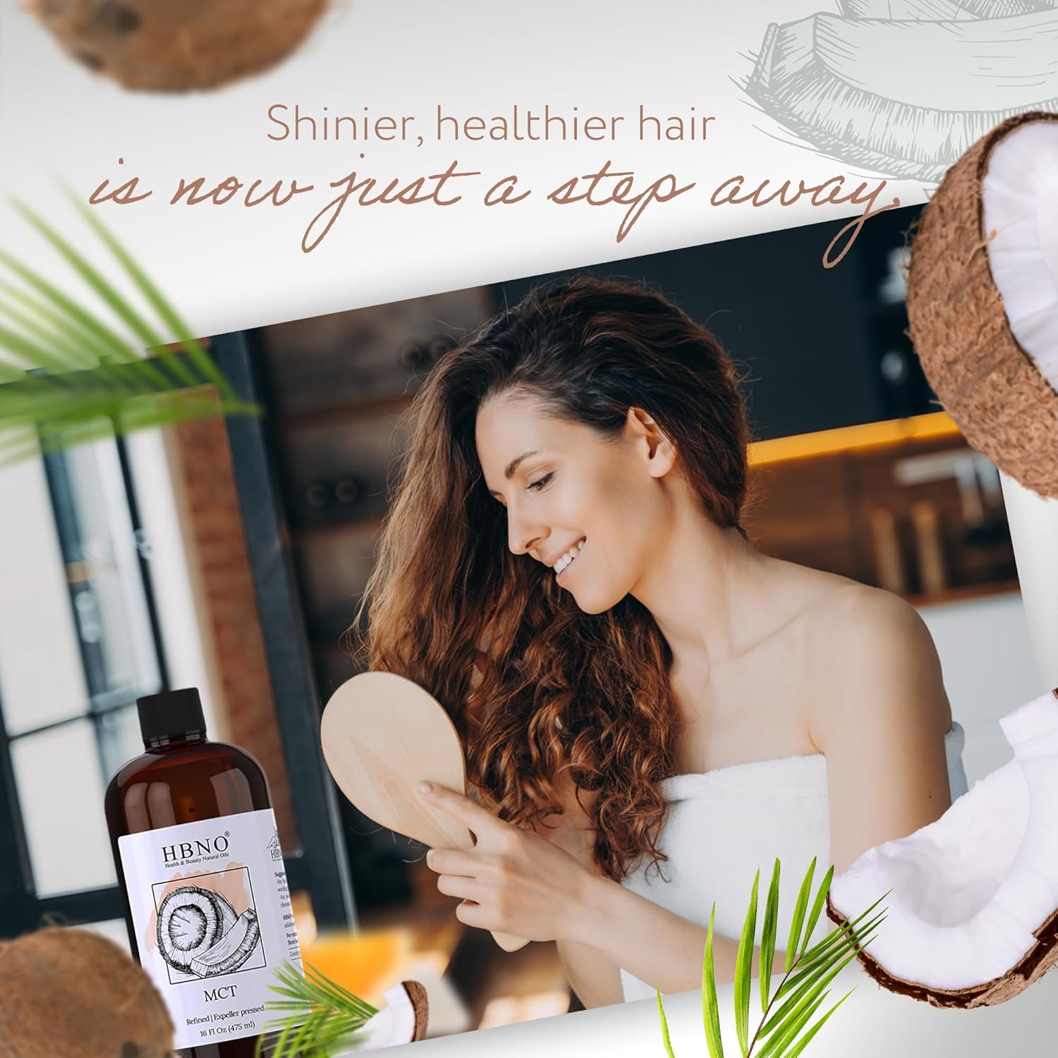 Cold Pressed California Coconut MCT Oil - 16 fl oz (475ml) Value Size - Natural Carrier Oil for Massage, Aromatherapy - Face, Body, Lips, Hair - HBNO