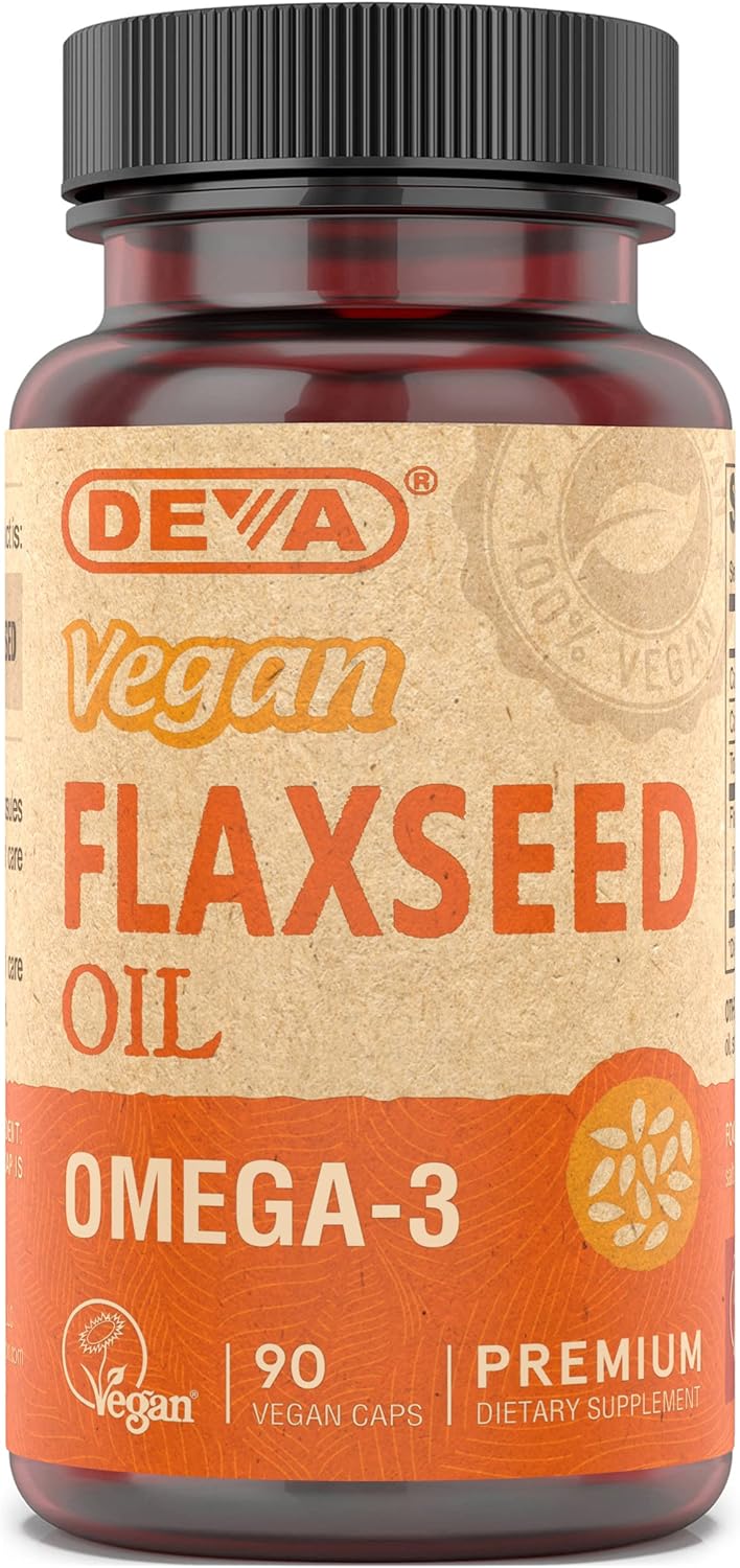 Cold-Pressed Deva Vegan Flaxseed Oil Supplement - 1000 MG Per Serving - Omega-3 ALA - Fish Oil Alternative - 90 Capsules