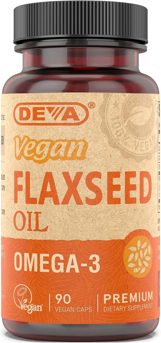 Cold-Pressed Deva Vegan Flaxseed Oil Supplement - 1000 MG Per Serving - Omega-3 ALA - Fish Oil Alternative - 90 Capsules