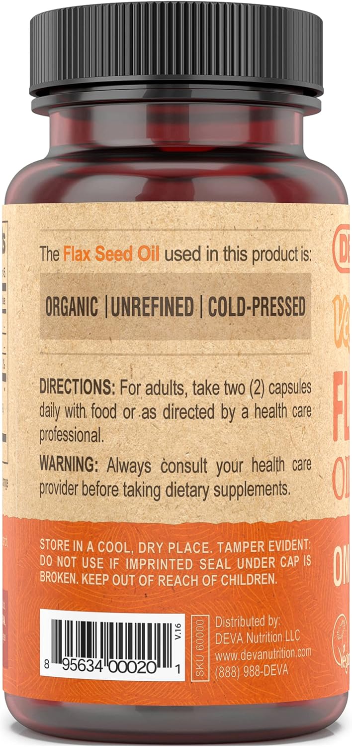 Cold-Pressed Deva Vegan Flaxseed Oil Supplement - 1000 MG Per Serving - Omega-3 ALA - Fish Oil Alternative - 90 Capsules