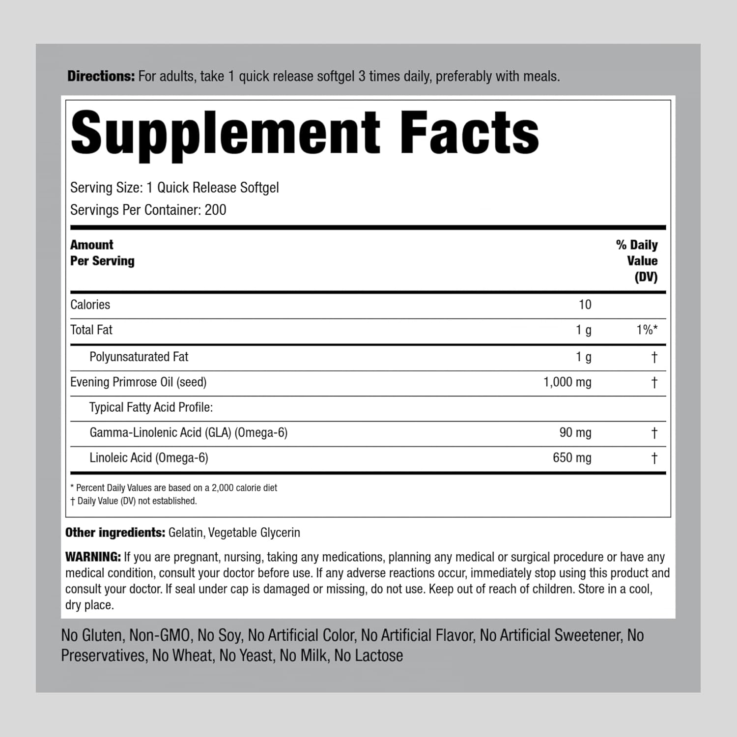 Cold Pressed Evening Primrose Oil Capsules 1000mg - 200 Softgels | Non-GMO & Gluten Free Supplement by Piping Rock