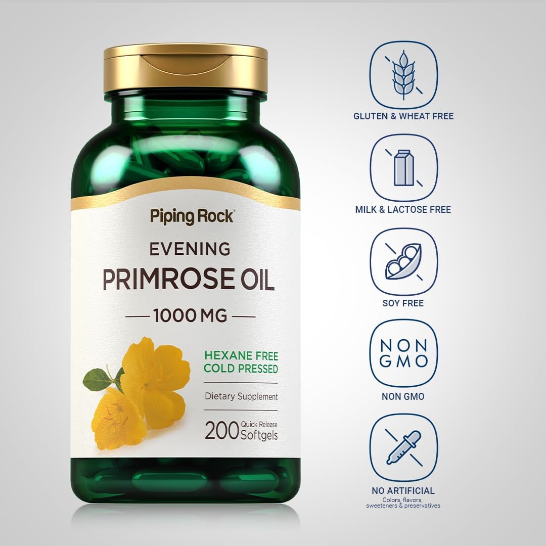 Cold Pressed Evening Primrose Oil Capsules 1000mg - 200 Softgels | Non-GMO & Gluten Free Supplement by Piping Rock