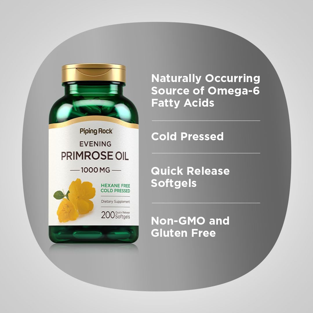 Cold Pressed Evening Primrose Oil Capsules 1000mg - 200 Softgels | Non-GMO & Gluten Free Supplement by Piping Rock