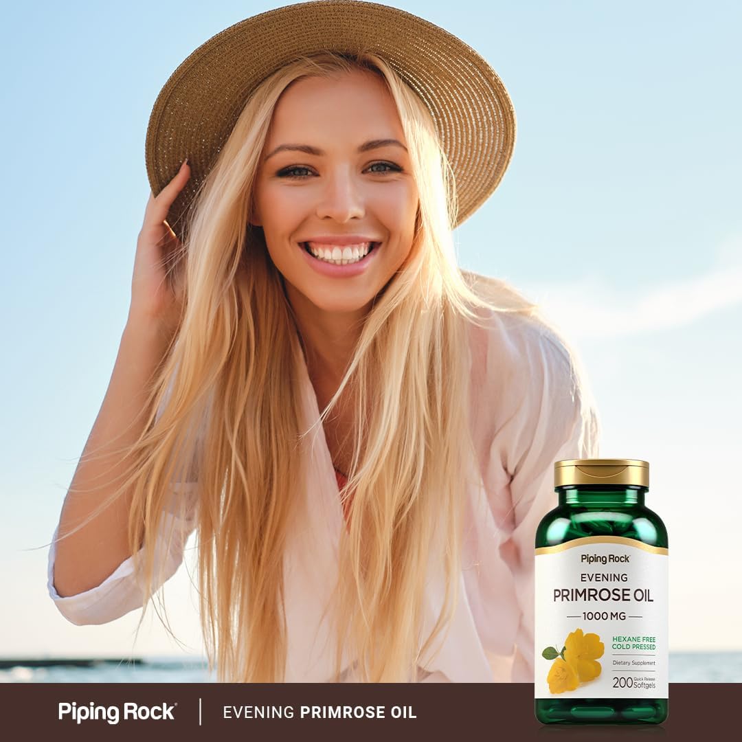 Cold Pressed Evening Primrose Oil Capsules 1000mg - 200 Softgels | Non-GMO & Gluten Free Supplement by Piping Rock
