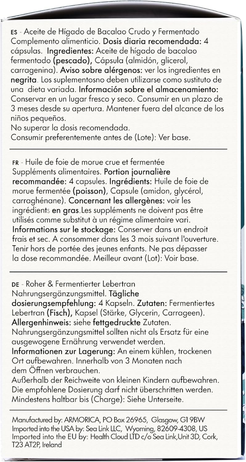 Cold Processed Lacto-Fermented Raw Cod Liver Oil Capsules - Armorica Atlantic Cod (120 Caps)