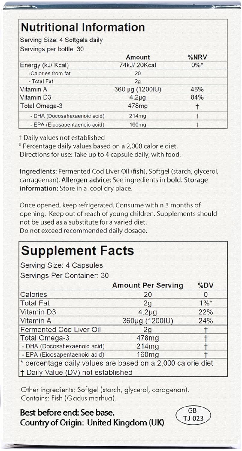 Cold Processed Lacto-Fermented Raw Cod Liver Oil Capsules - Armorica Atlantic Cod (120 Caps)