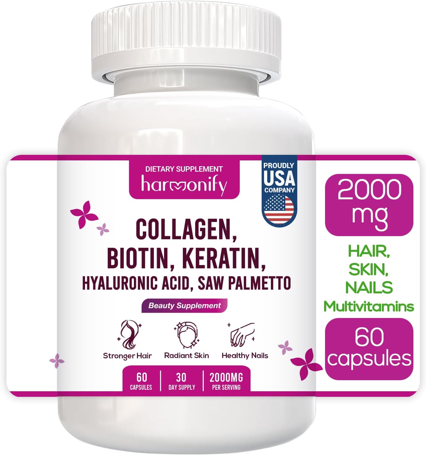 Collagen Biotin Keratin Hyaluronic Acid Complex Supplement with Vitamin E, Folic Acid, Pumpkin Seed and MSM - 60 Capsules, 1000 mg Formula