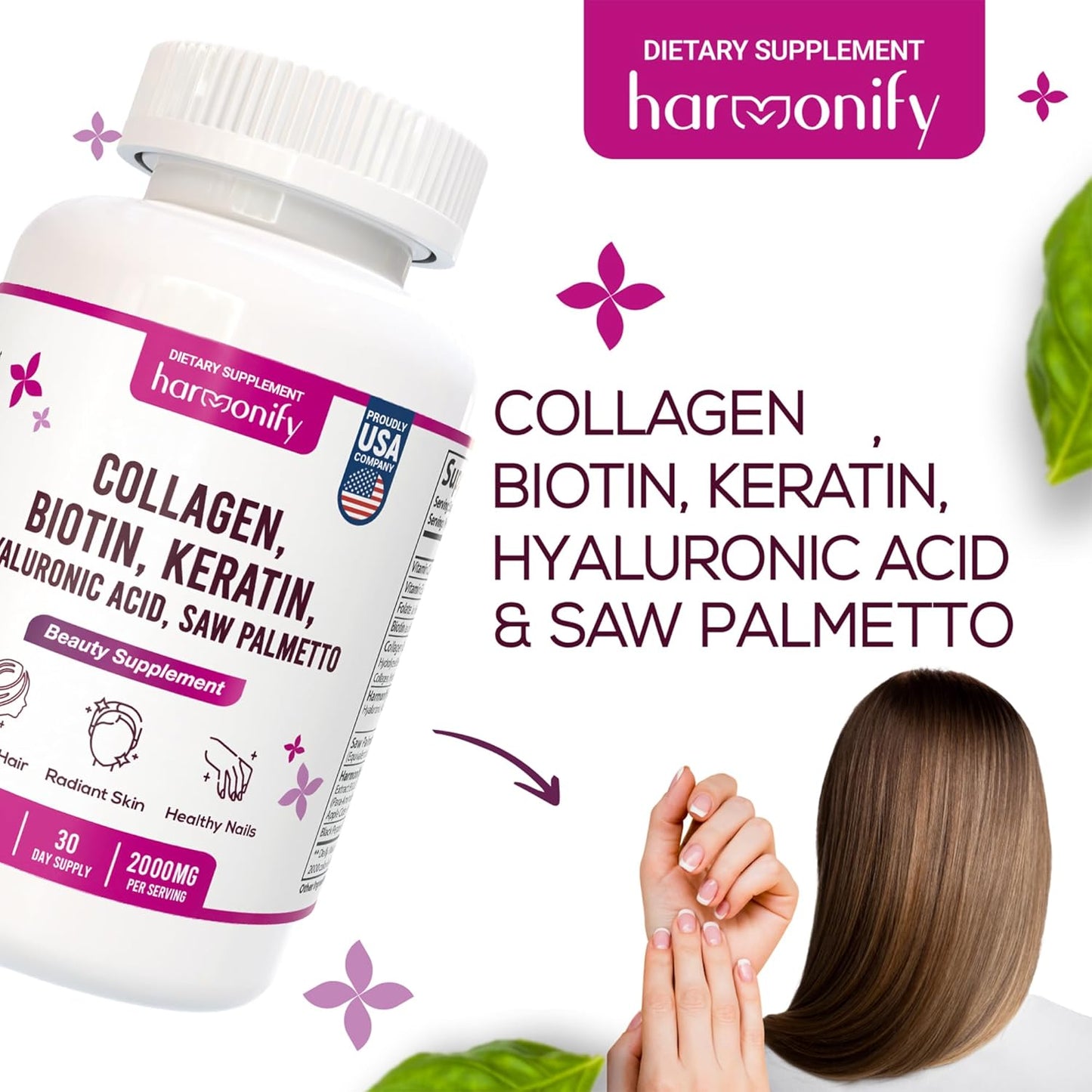 Collagen Biotin Keratin Hyaluronic Acid Complex Supplement with Vitamin E, Folic Acid, Pumpkin Seed and MSM - 60 Capsules, 1000 mg Formula