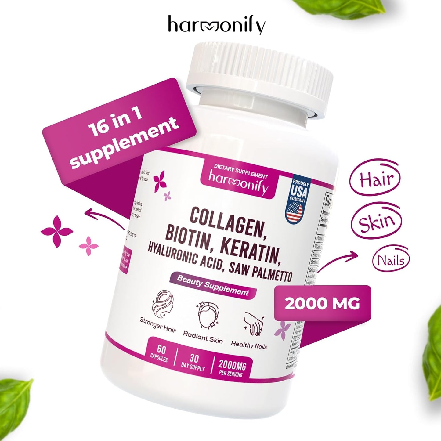 Collagen Biotin Keratin Hyaluronic Acid Complex Supplement with Vitamin E, Folic Acid, Pumpkin Seed and MSM - 60 Capsules, 1000 mg Formula