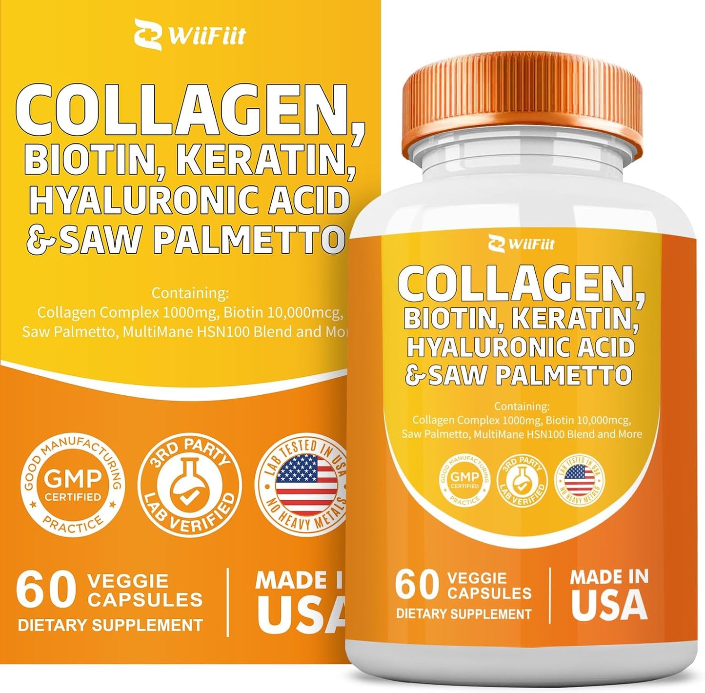 Collagen, Biotin, Keratin, Saw Palmetto, and Folate Supplement with Hyaluronic Acid, Vitamin C, E, Paba, MSM, Quercetin - 60 Capsules