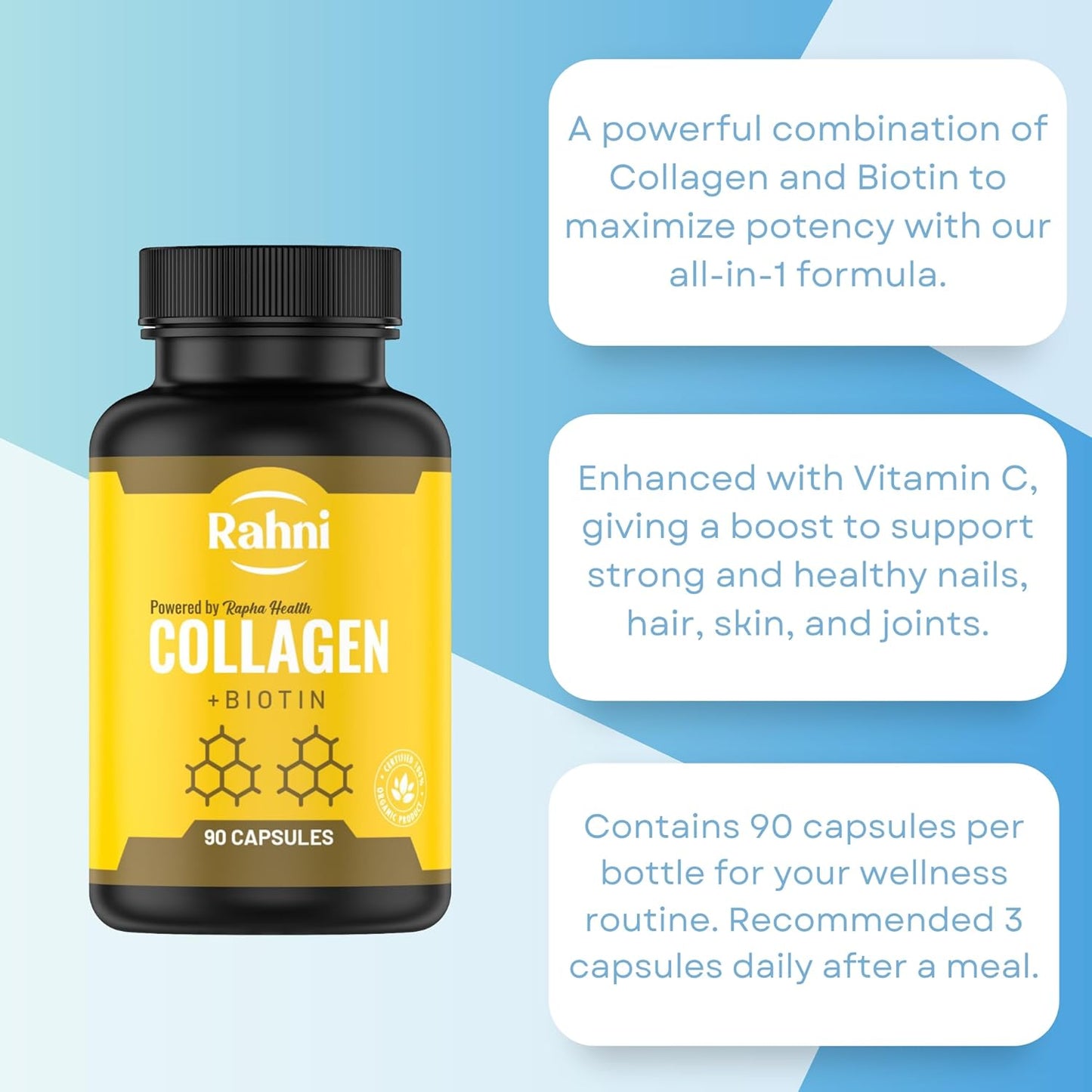 Collagen & Biotin Supplement for Hair, Skin, Nails & Joints - Hyaluronic Acid, Vitamin C - 90 Capsules for Men & Women, Made in USA