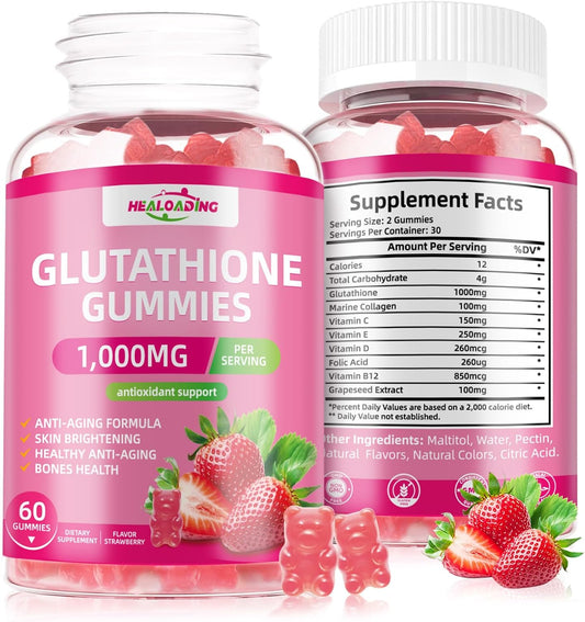 Collagen Glutathione Gummies: Vitamin C, E, D, & B12 Anti-Aging Supplement 1000mg - Bone Strengthening Formula