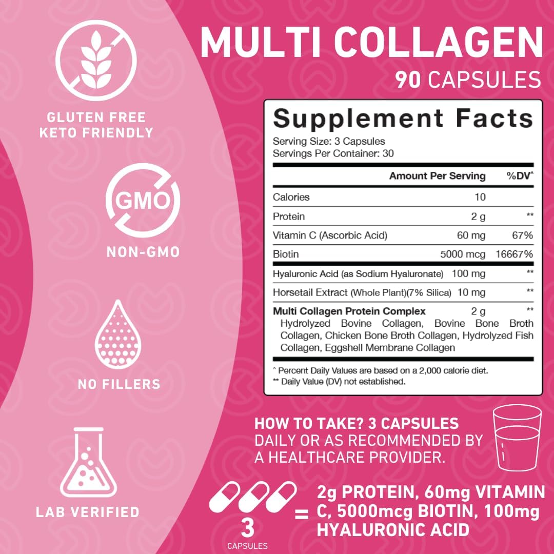 Collagen Peptides for Women with Biotin & Hyaluronic Acid - Supports Healthy Skin, Bones, Hair & Nails - Non-GMO, Grass-Fed - 90 Capsules