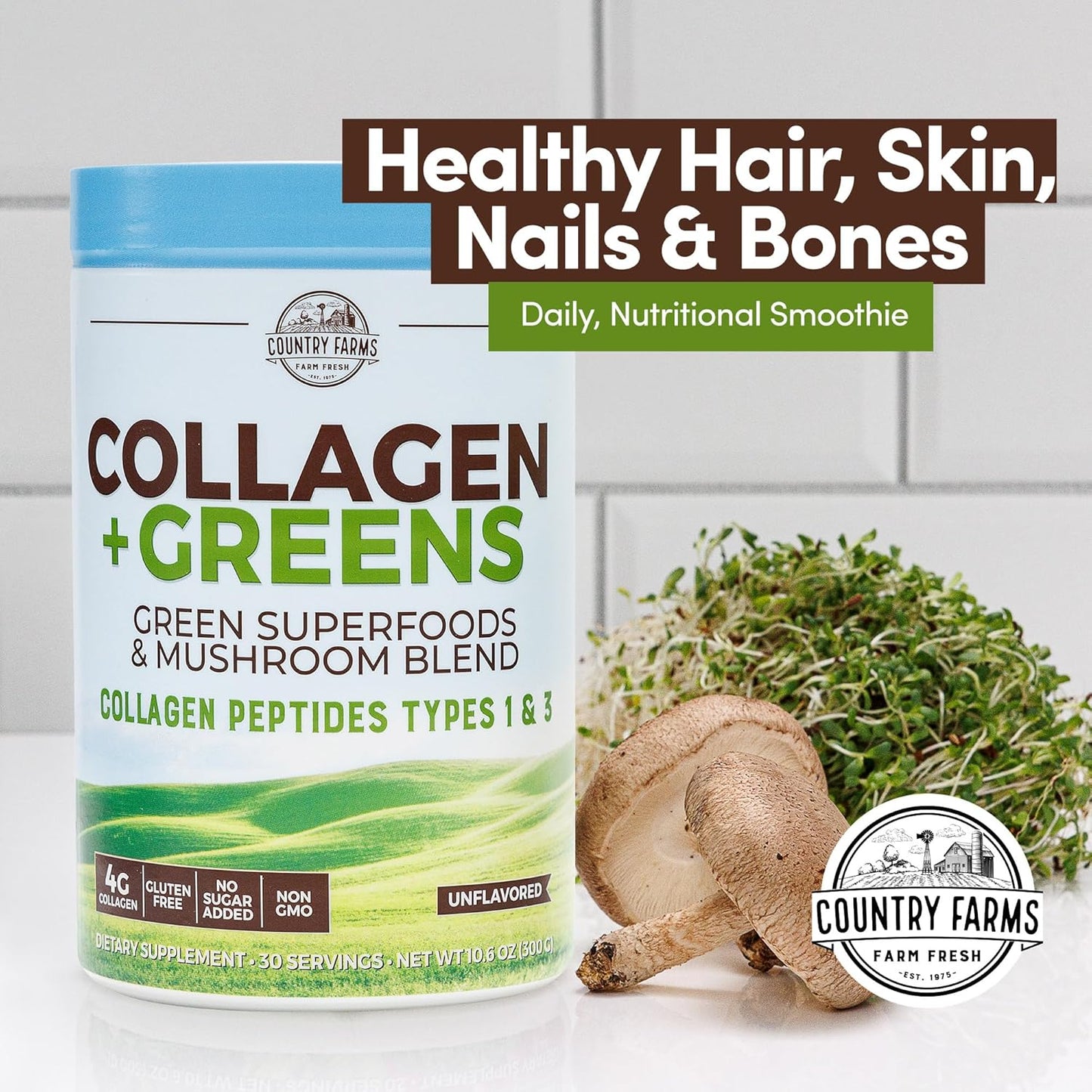 Collagen Peptides Powder with Greens Supplement for Skin, Hair, Nails, and Joints - Dairy/Gluten/Sugar Free - Energizing Superfoods - 21.2 Oz