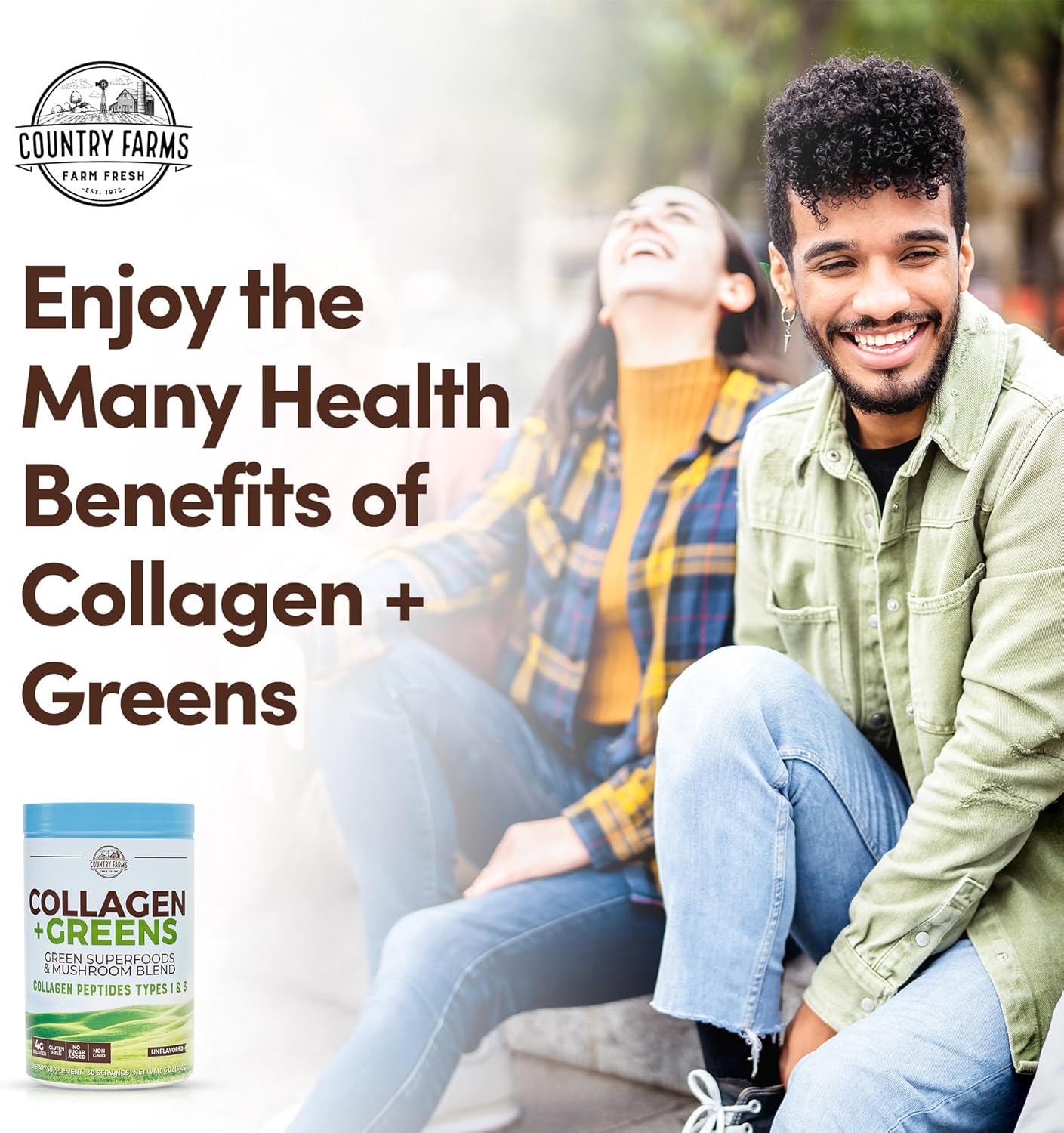 Collagen Peptides Powder with Greens Supplement for Skin, Hair, Nails, and Joints - Dairy/Gluten/Sugar Free - Energizing Superfoods - 21.2 Oz