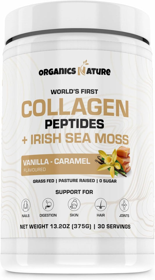 Collagen Peptides Powder with Irish Sea Moss Vanilla Caramel Flavor - 30 Servings of Hydrolyzed Collagen with Biotin for Hair, Skin, Nails, and Joints - 380g