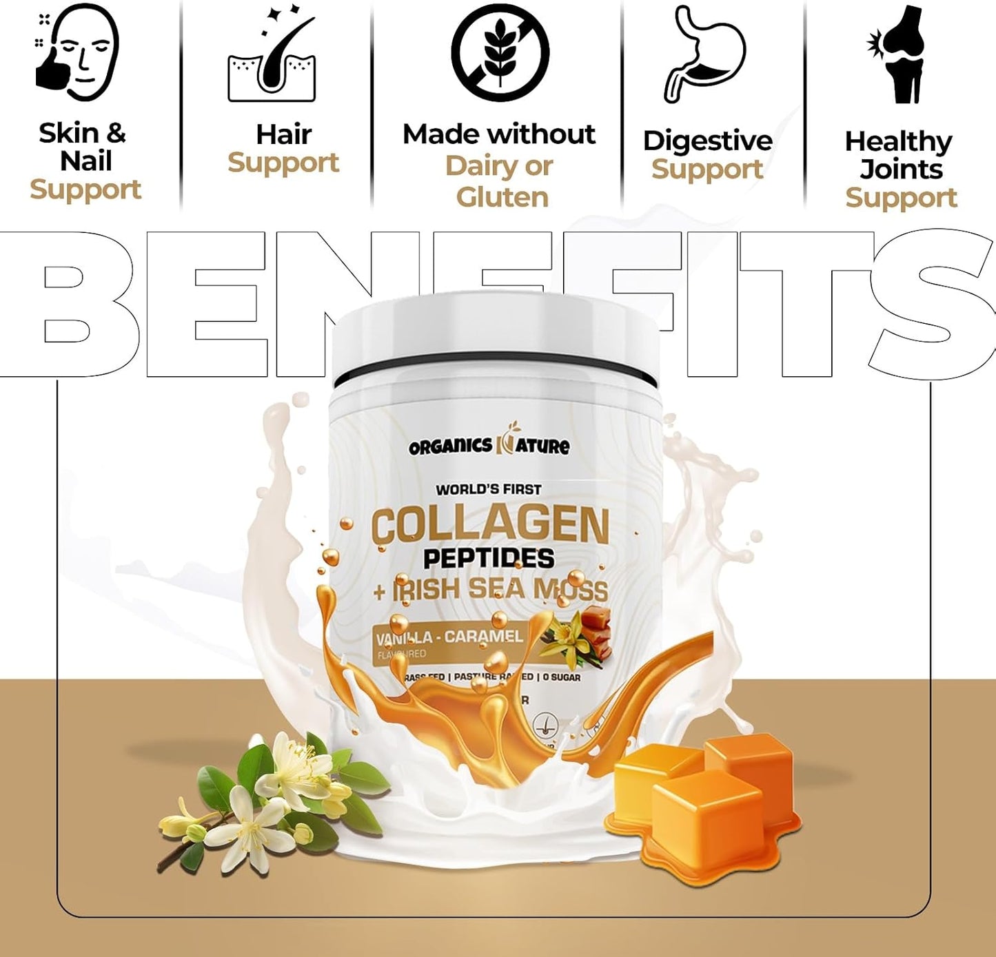 Collagen Peptides Powder with Irish Sea Moss Vanilla Caramel Flavor - 30 Servings of Hydrolyzed Collagen with Biotin for Hair, Skin, Nails, and Joints - 380g