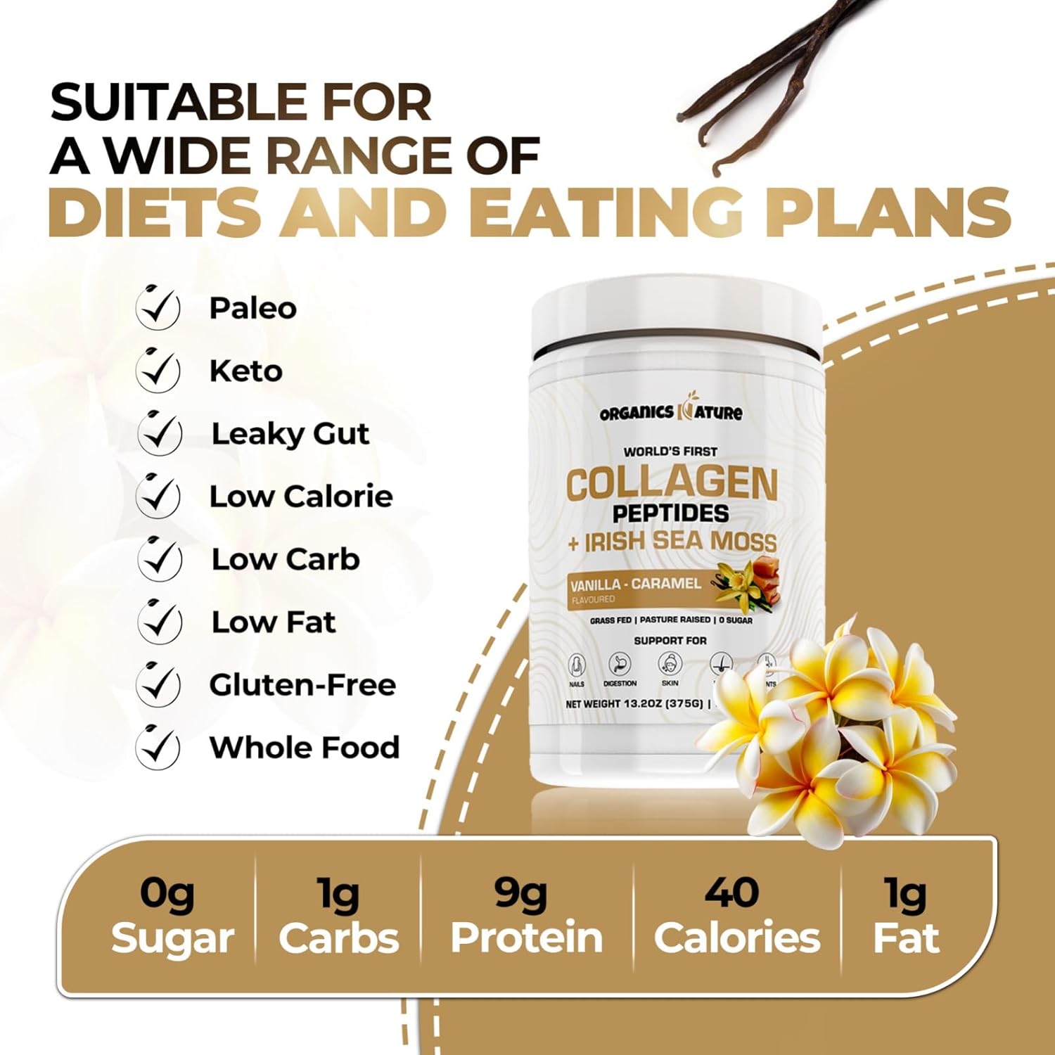 Collagen Peptides Powder with Irish Sea Moss Vanilla Caramel Flavor - 30 Servings of Hydrolyzed Collagen with Biotin for Hair, Skin, Nails, and Joints - 380g