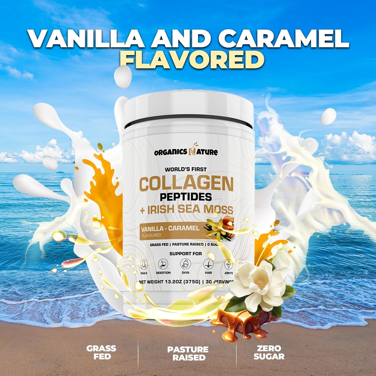 Collagen Peptides Powder with Irish Sea Moss Vanilla Caramel Flavor - 30 Servings of Hydrolyzed Collagen with Biotin for Hair, Skin, Nails, and Joints - 380g