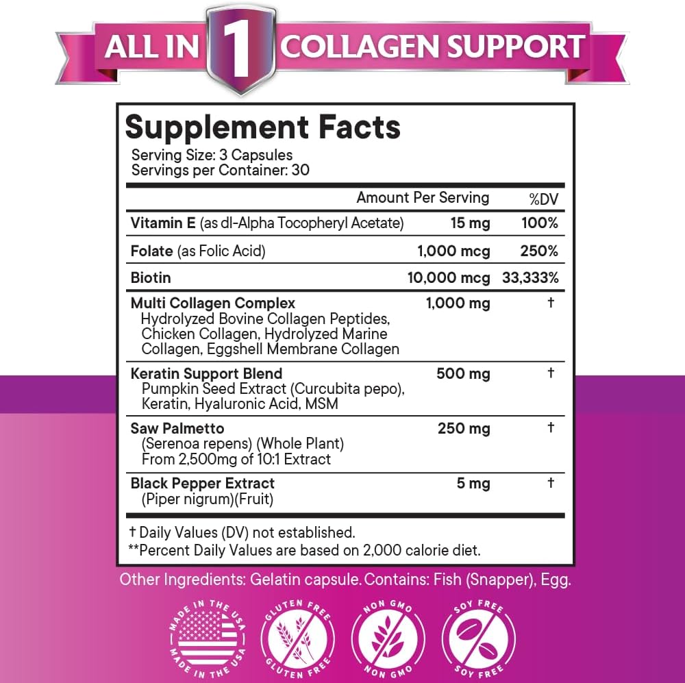 Collagen Pills with Biotin, Keratin, and Saw Palmetto for Hair, Skin, and Nails - Vitamins and DHT Blocker - 90 Count