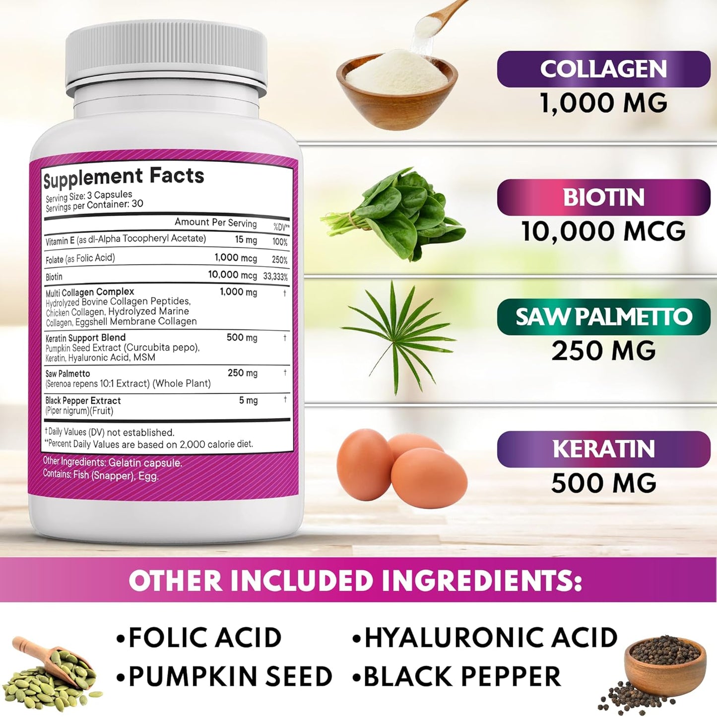 Collagen Pills with Biotin, Keratin, and Saw Palmetto for Hair, Skin, and Nails - Vitamins and DHT Blocker - 90 Count