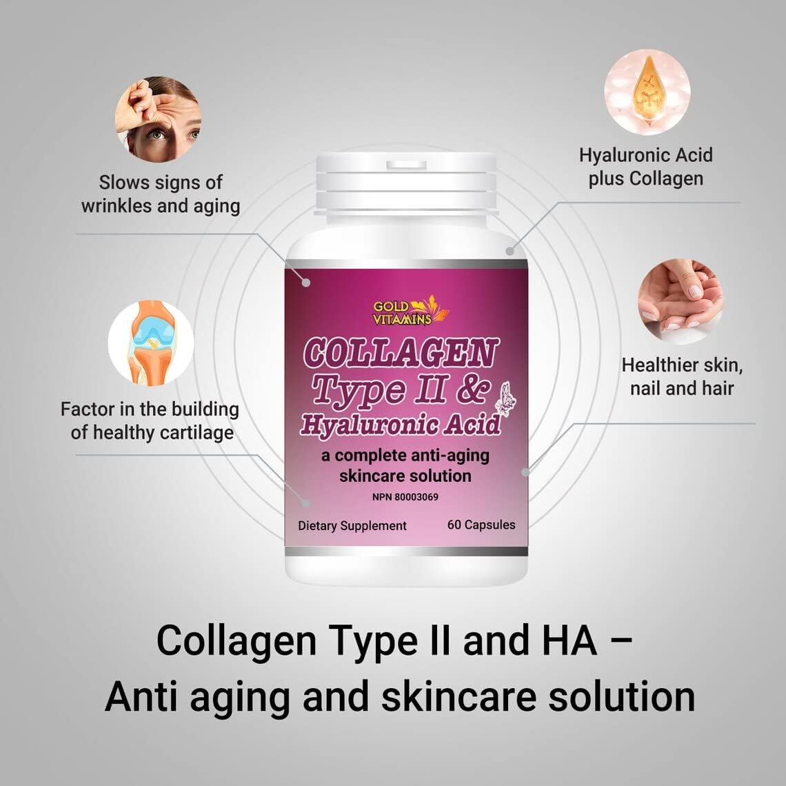 Collagen Type II & Hyaluronic Acid Gold Vitamins - 60 Capsules for Skin Health