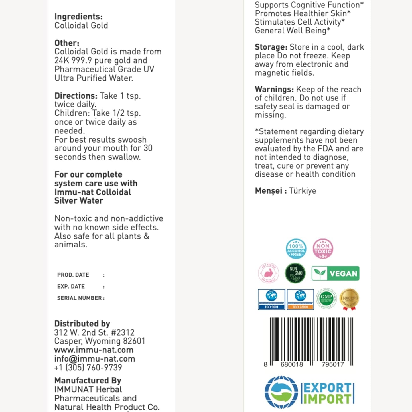 Colloidal Gold Water 24K Liquid 20PPM Supplement for Cognitive Function, Focus, Creativity, Calmness, Sleep - Pineal Gland Decalcification - Immu-nat