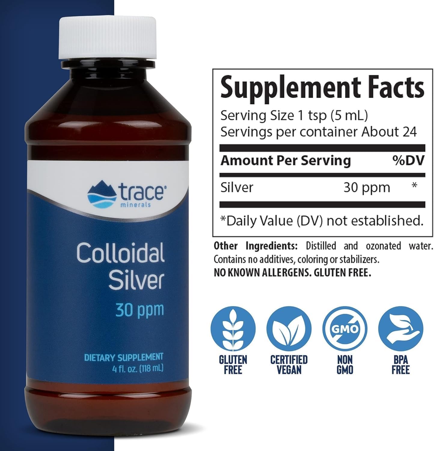 Colloidal Silver Liquid Supplement | Super-Oxygenated Trace Minerals | 30 PPM Safe Dose, 99.99% Pure | Vegan | 4 fl oz Bottle