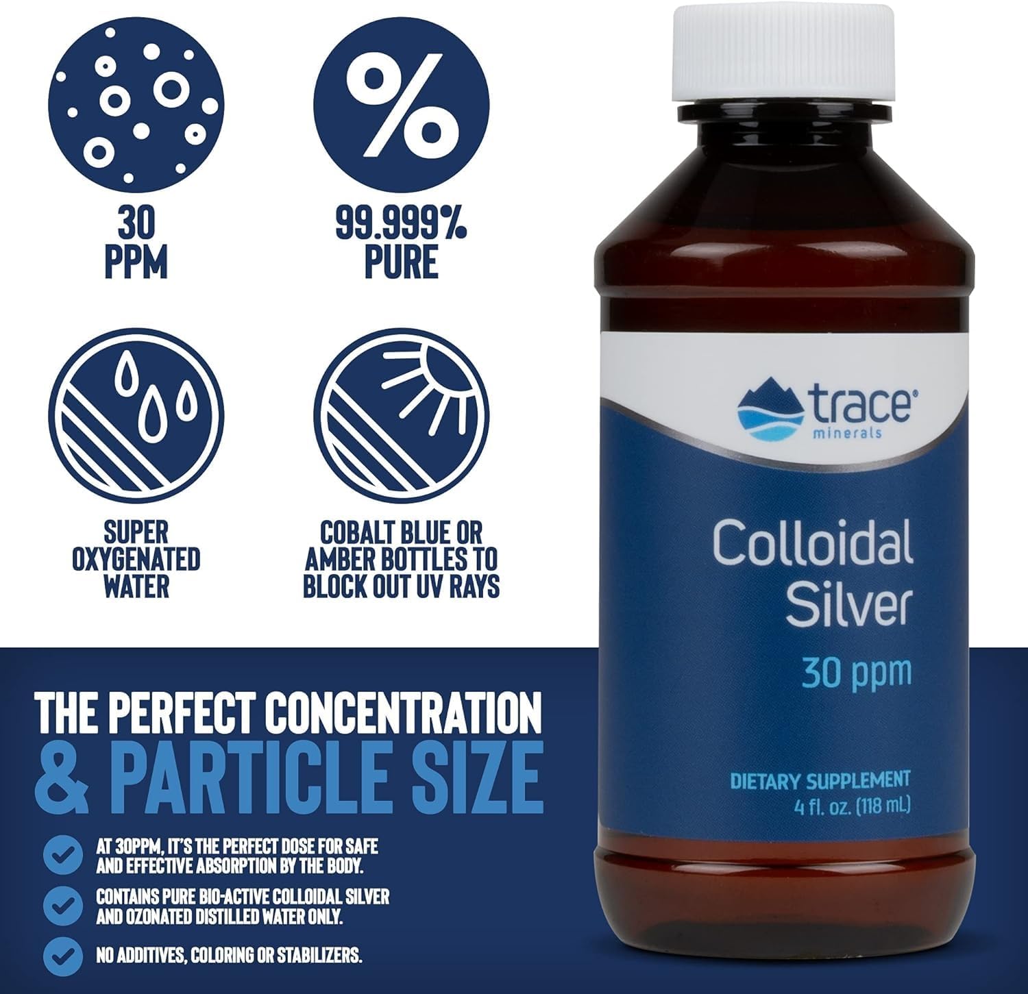 Colloidal Silver Liquid Supplement | Super-Oxygenated Trace Minerals | 30 PPM Safe Dose, 99.99% Pure | Vegan | 4 fl oz Bottle