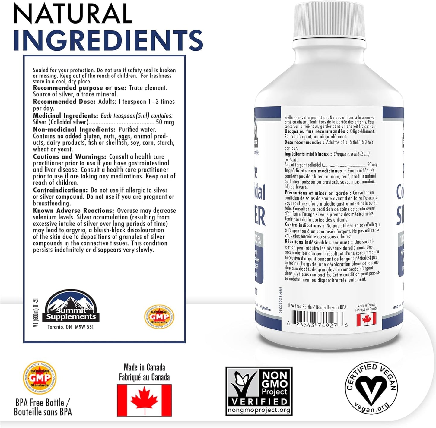 Colloidal Silver Liquid Supplements with Copper - 10ppm Trace Minerals - 600ml - Made in Canada