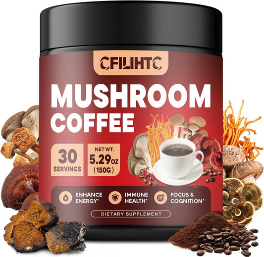 Colombian Mushroom Coffee Blend with Lion's Mane, Reishi, Chaga, Cordyceps - 150g Powder for Energy, Focus, Mental Clarity & Immune Support