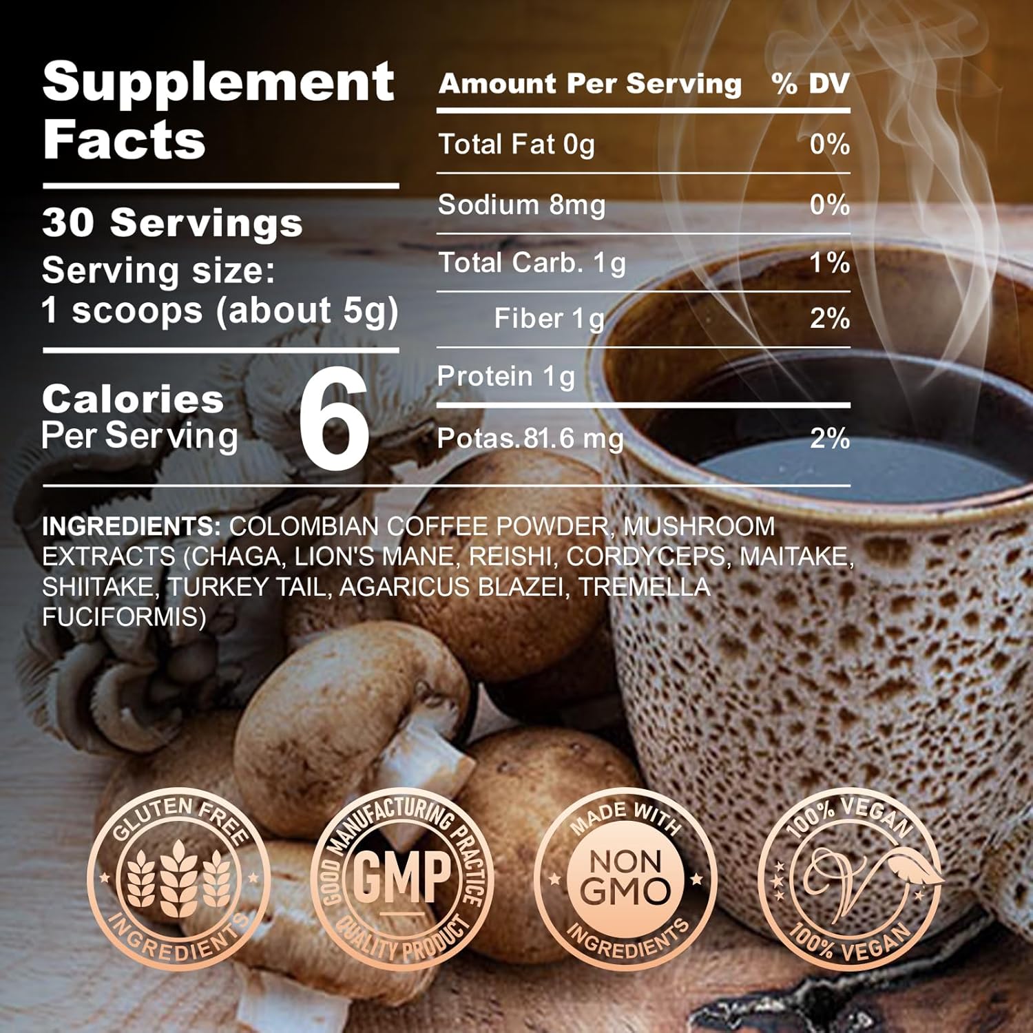 Colombian Mushroom Coffee Blend with Lion's Mane, Reishi, Chaga, Cordyceps - 150g Powder for Energy, Focus, Mental Clarity & Immune Support