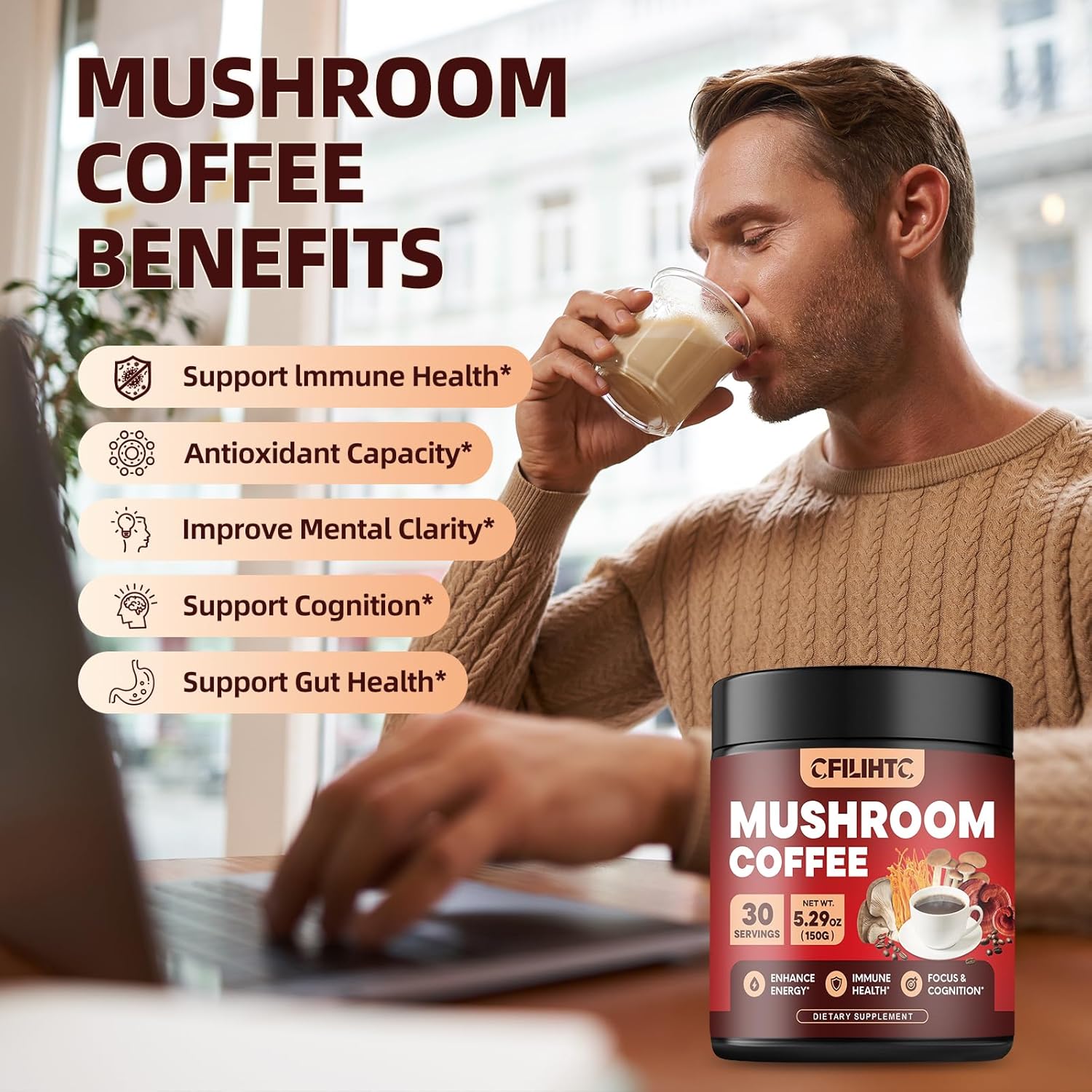 Colombian Mushroom Coffee Blend with Lion's Mane, Reishi, Chaga, Cordyceps - 150g Powder for Energy, Focus, Mental Clarity & Immune Support
