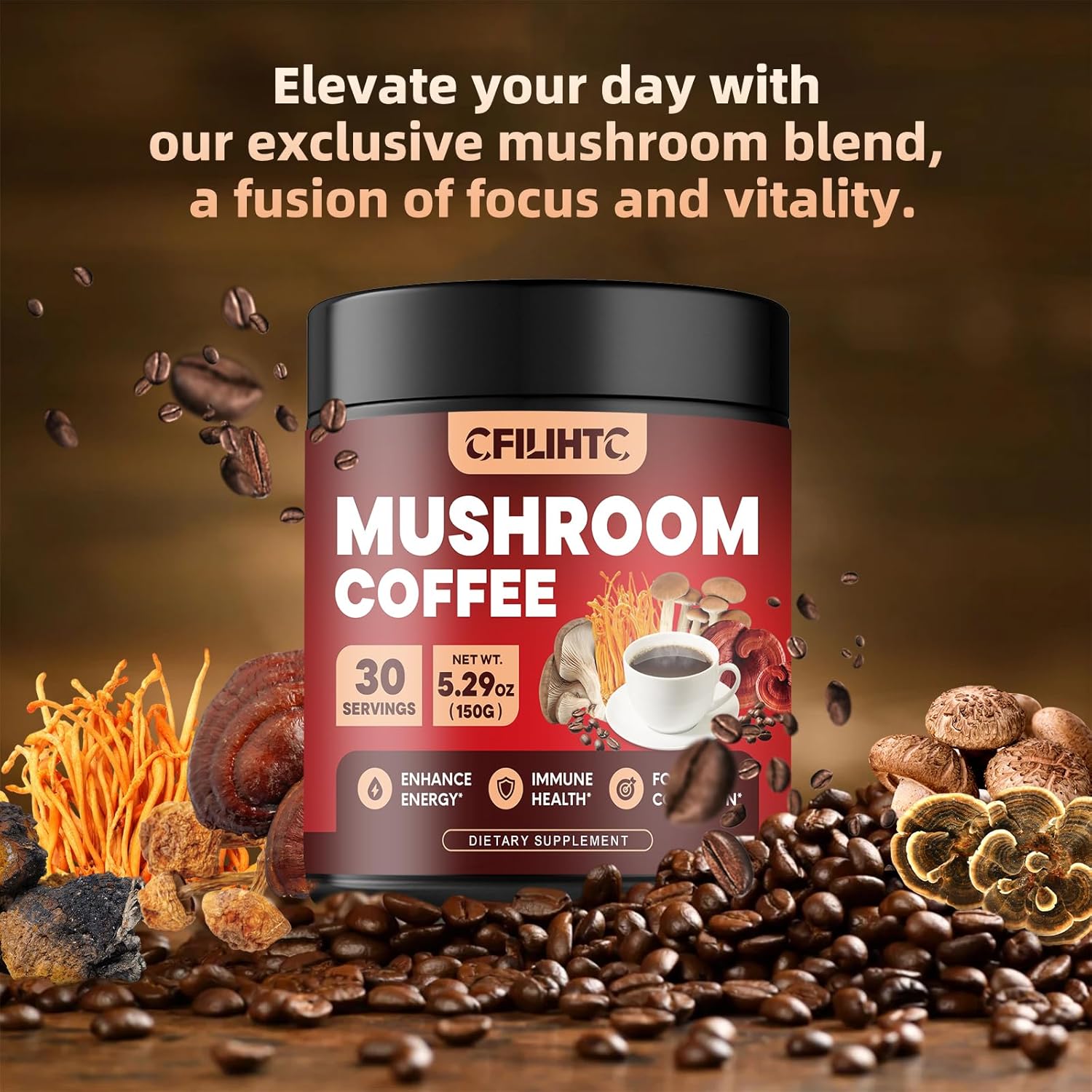 Colombian Mushroom Coffee Blend with Lion's Mane, Reishi, Chaga, Cordyceps - 150g Powder for Energy, Focus, Mental Clarity & Immune Support