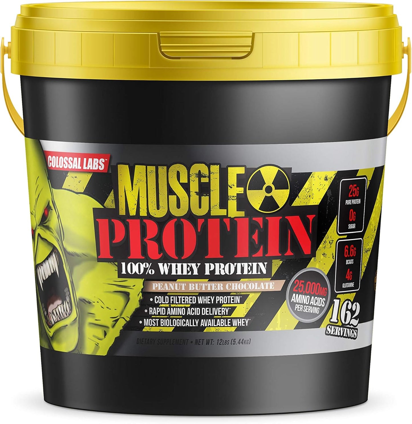 Colossal Labs 12 lb Whey Protein Pack - Peanut Butter Chocolate Flavor, Cold Filtered with 25g Protein, 6.6g BCAAs