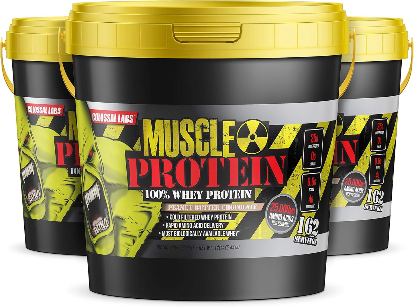 Colossal Labs 12 lb Whey Protein Pack - Peanut Butter Chocolate Flavor, Cold Filtered with 25g Protein, 6.6g BCAAs