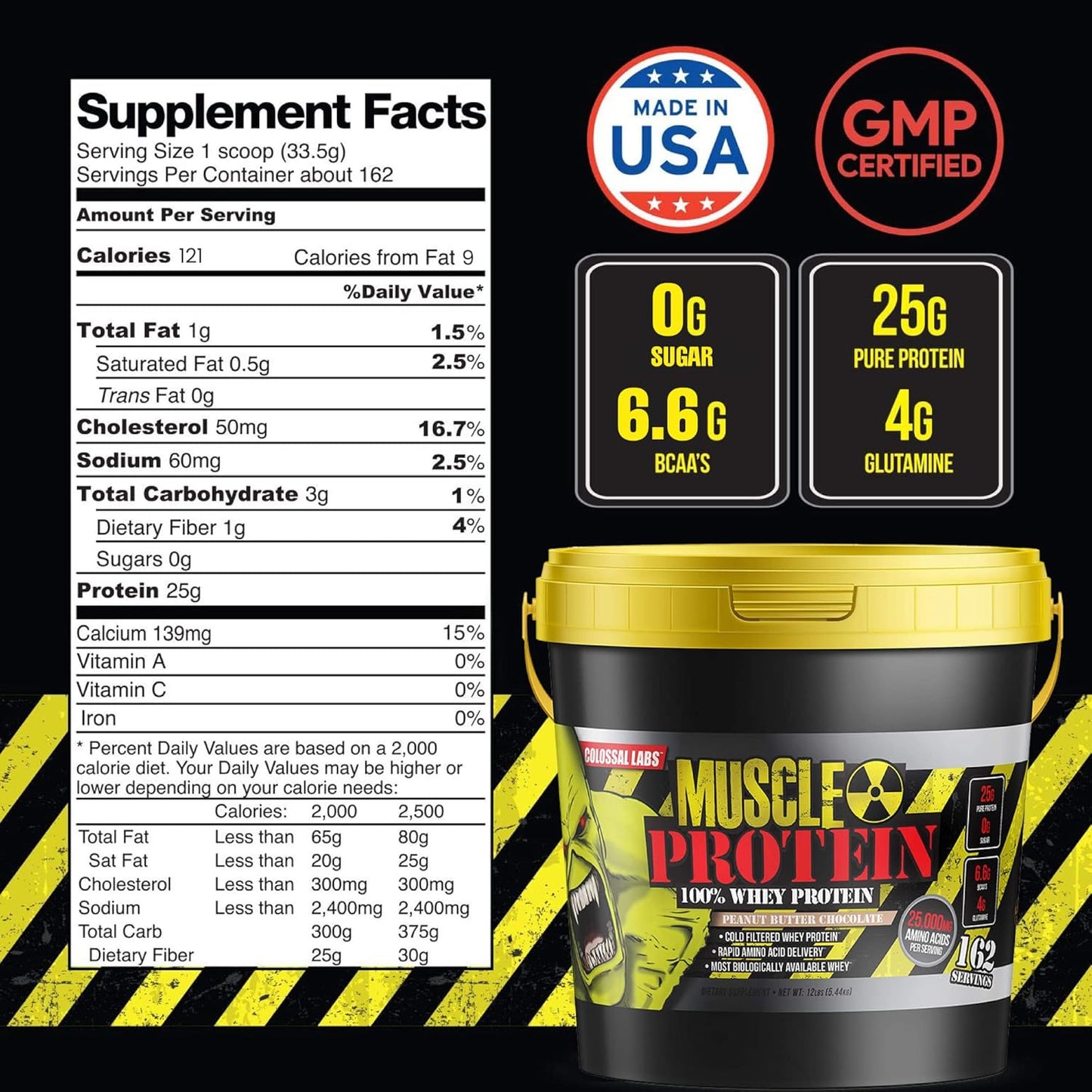 Colossal Labs 12 lb Whey Protein Pack - Peanut Butter Chocolate Flavor, Cold Filtered with 25g Protein, 6.6g BCAAs
