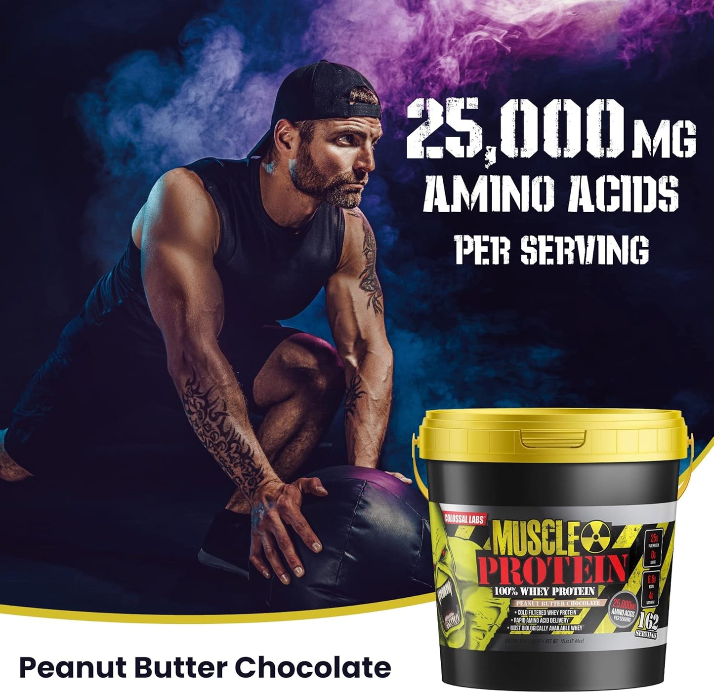 Colossal Labs 12 lb Whey Protein Pack - Peanut Butter Chocolate Flavor, Cold Filtered with 25g Protein, 6.6g BCAAs