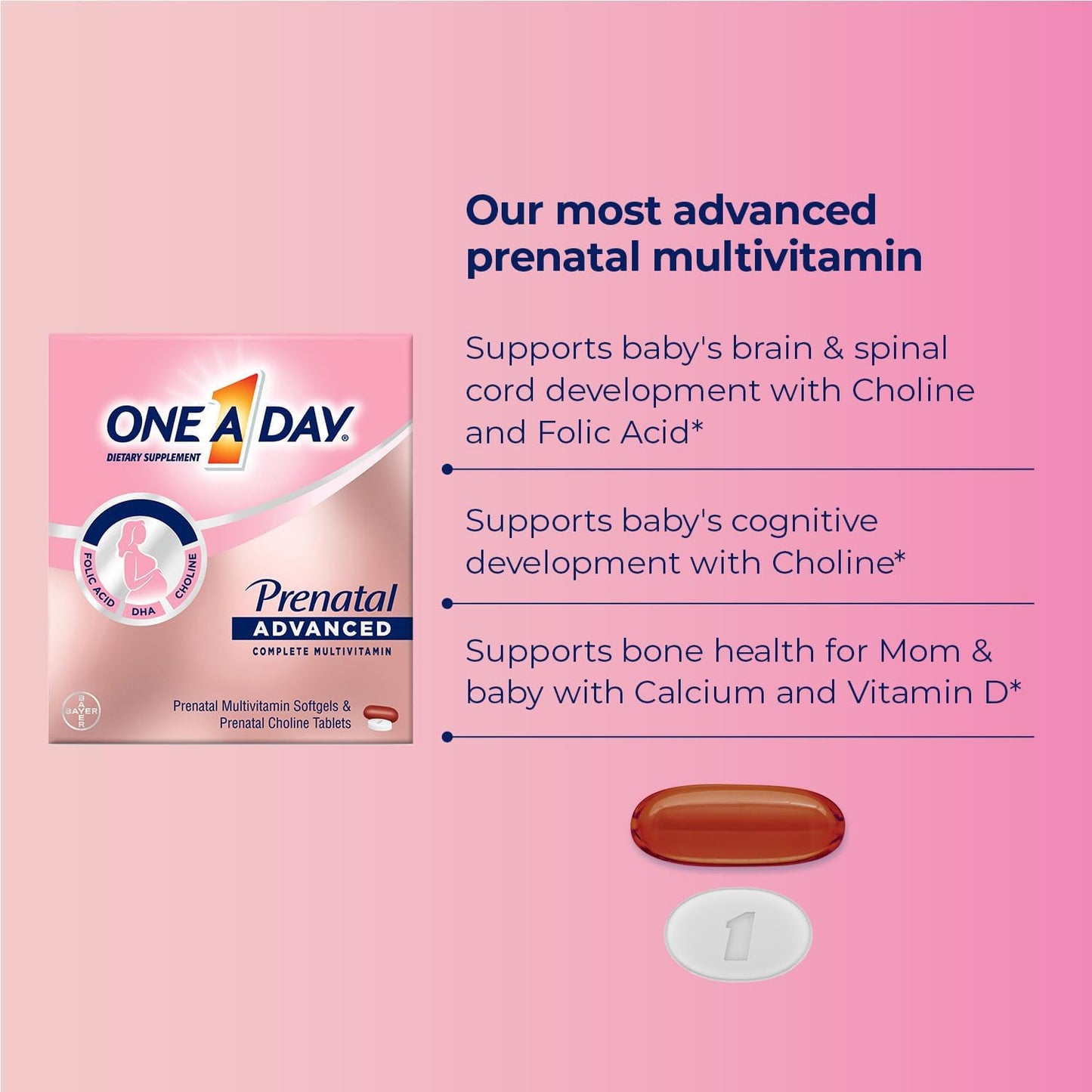 Complete Prenatal Multivitamin for Women with Brain Support, Choline, Folic Acid, Omega-3 DHA, and Iron - 60 Count