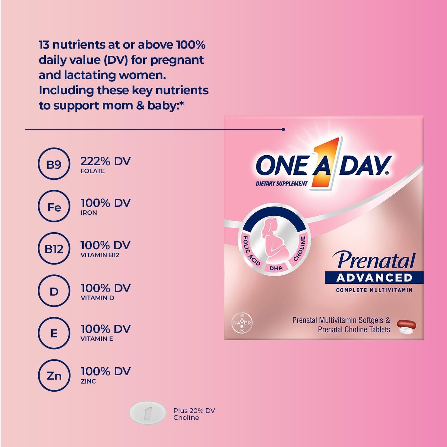 Complete Prenatal Multivitamin for Women with Brain Support, Choline, Folic Acid, Omega-3 DHA, and Iron - 60 Count