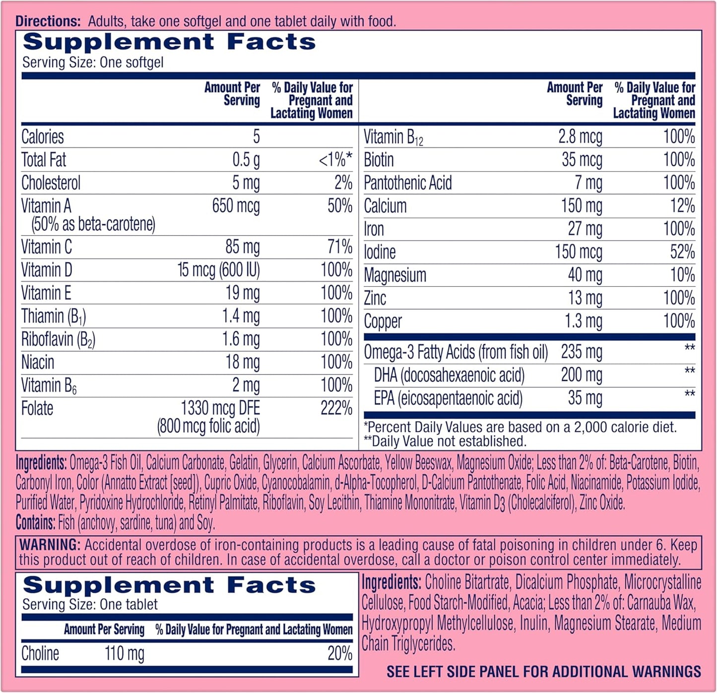 Complete Prenatal Multivitamin for Women with Brain Support, Choline, Folic Acid, Omega-3 DHA, and Iron - 60 Count