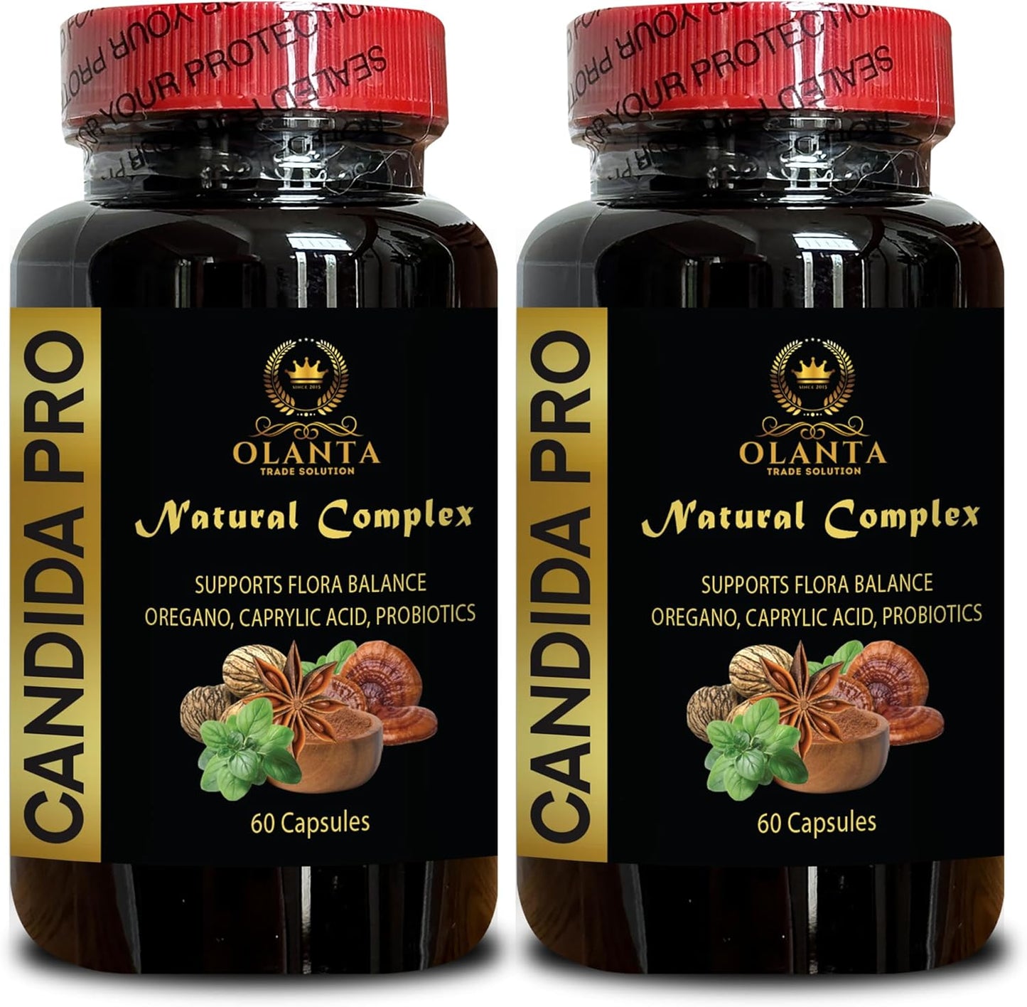 Comprehensive Candida Support Supplement with Caprylic Acid - Cleanse Detox Formula for Digestive Gut Health - 2 Bottles 120 Capsules