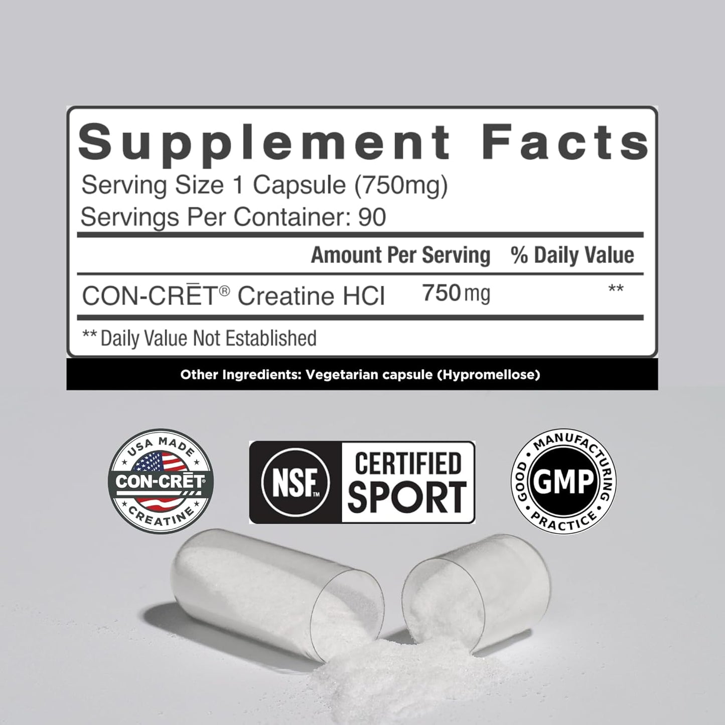 Con-Cret Creatine HCl Capsules - Muscle, Cognitive, and Cellular Energy Support - No Bloating or Cramps - USA Made & NSF Certified - 90 ct Creatine Pills for Enhanced Performance