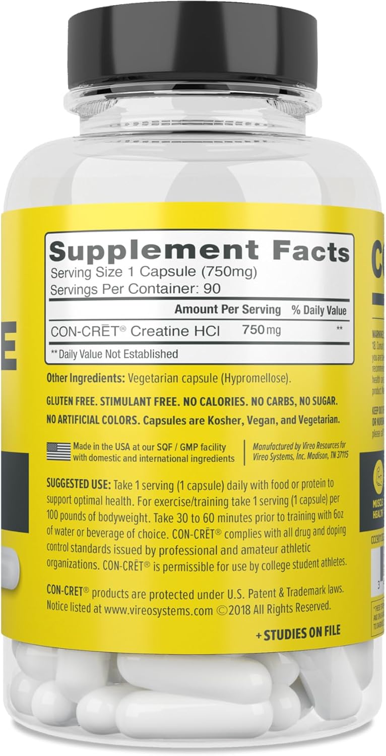 Con-Cret Creatine HCl Capsules - Muscle, Cognitive, and Cellular Energy Support - No Bloating or Cramps - USA Made & NSF Certified - 90 ct Creatine Pills for Enhanced Performance