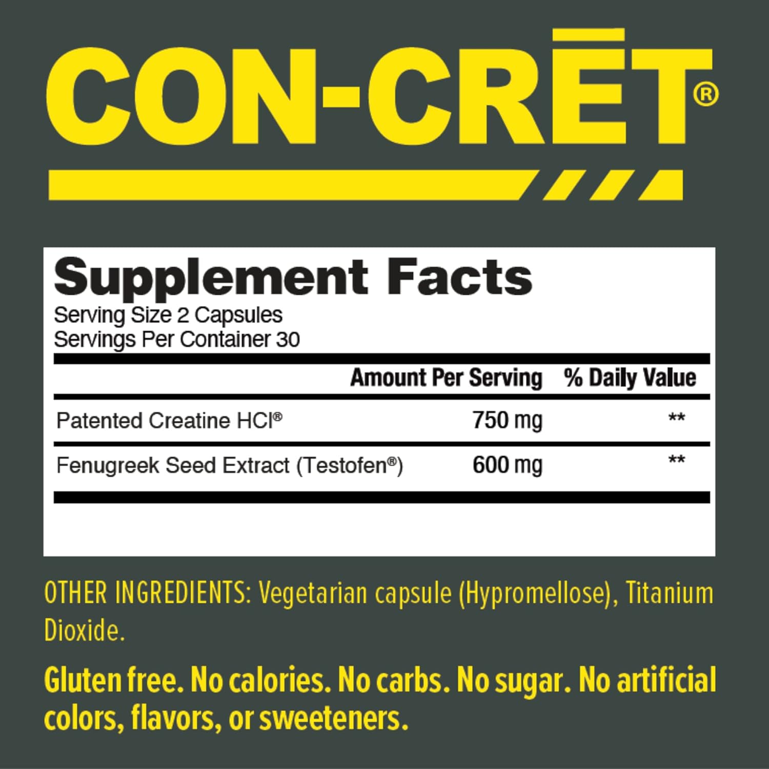 CON-CRET®+ Test Capsules - Patented Creatine HCl with Testofen® for Testosterone Boost, 60 Count