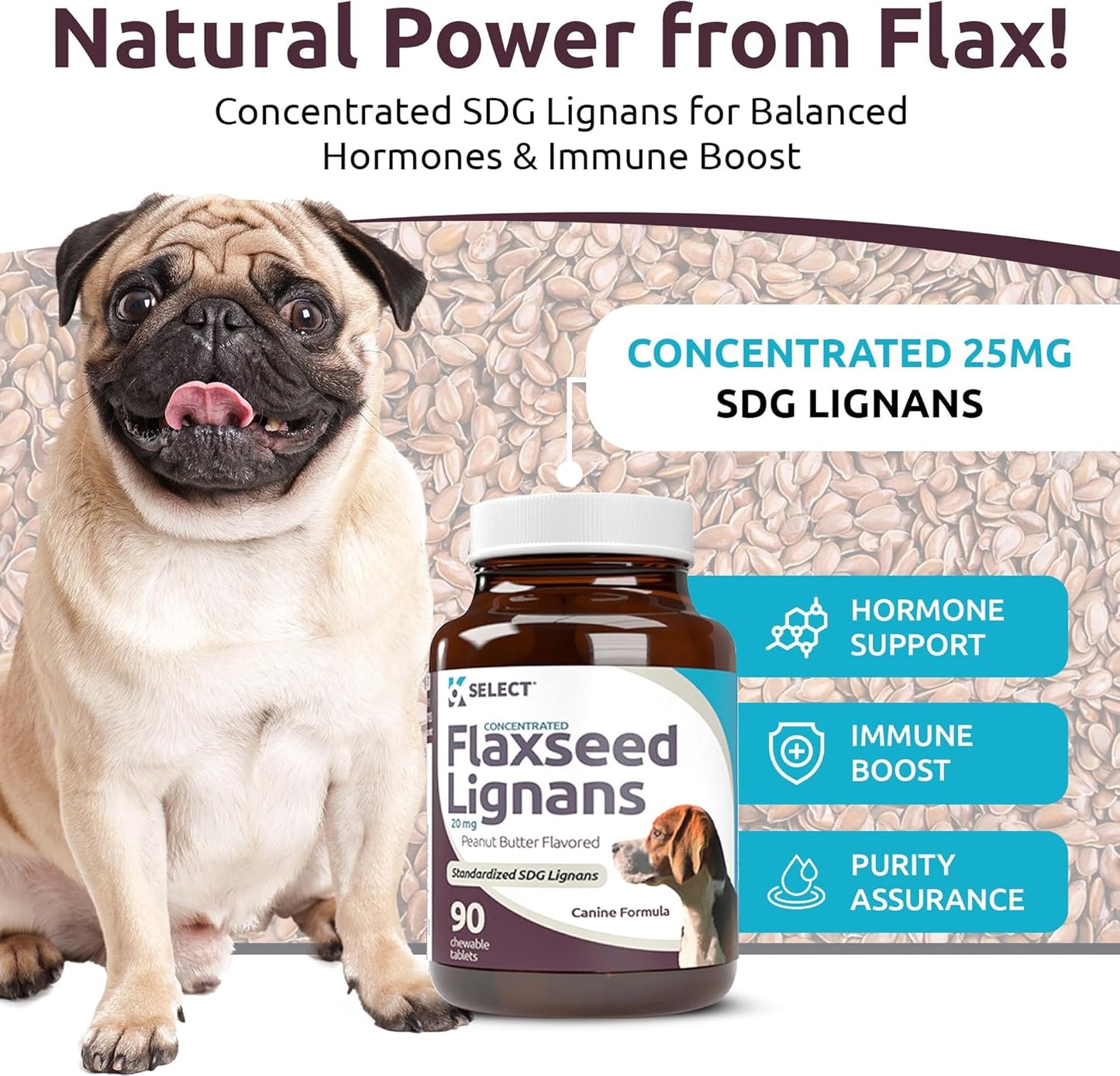 Concentrated Flaxseed Lignans for Dogs - 20mg, 90 Chewable Tablets, Peanut Butter Flavor - Promotes Healthy Coat