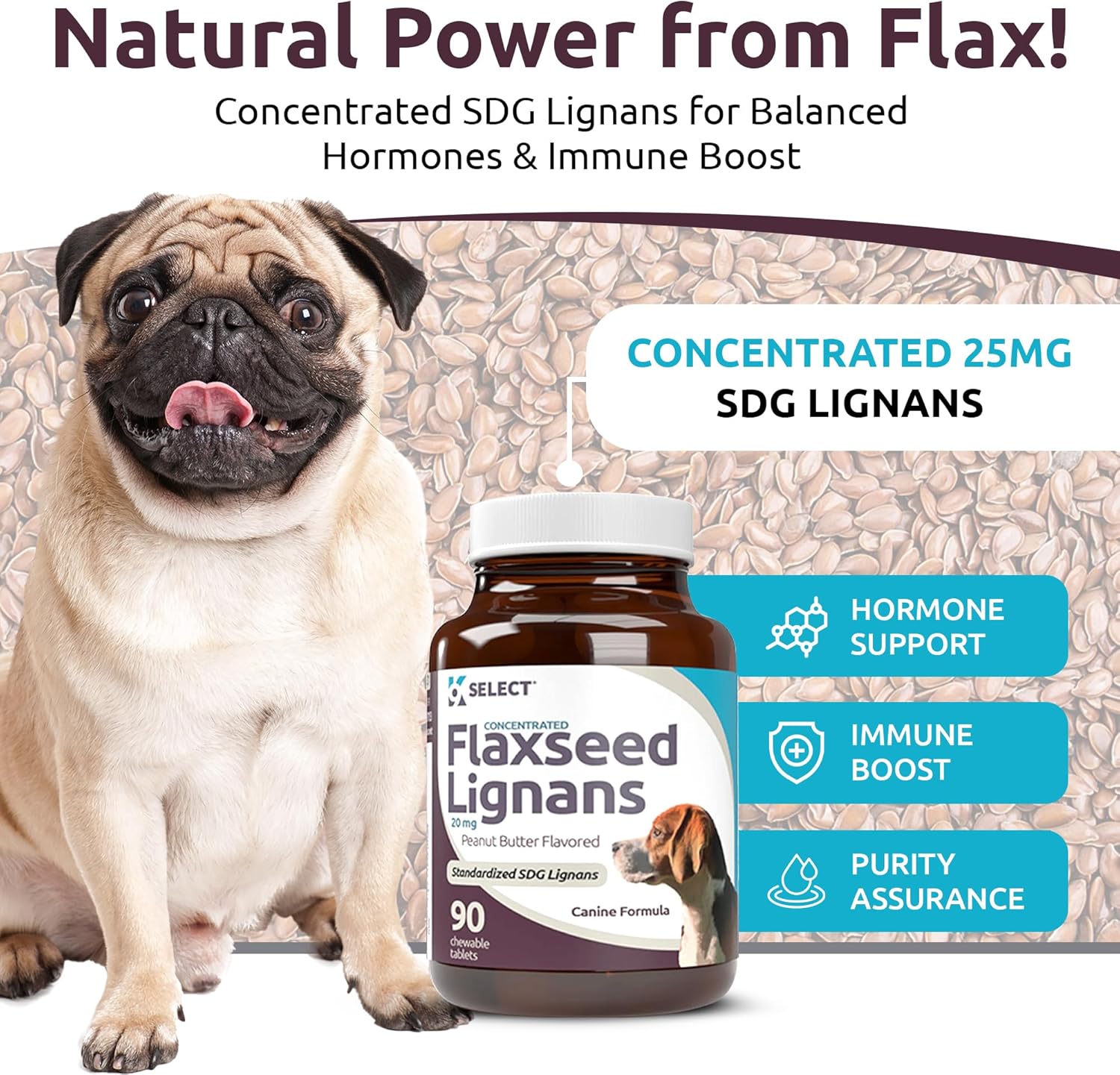 Concentrated Flaxseed Lignans for Dogs - 20mg, 90 Chewable Tablets, Peanut Butter Flavor - Promotes Healthy Coat