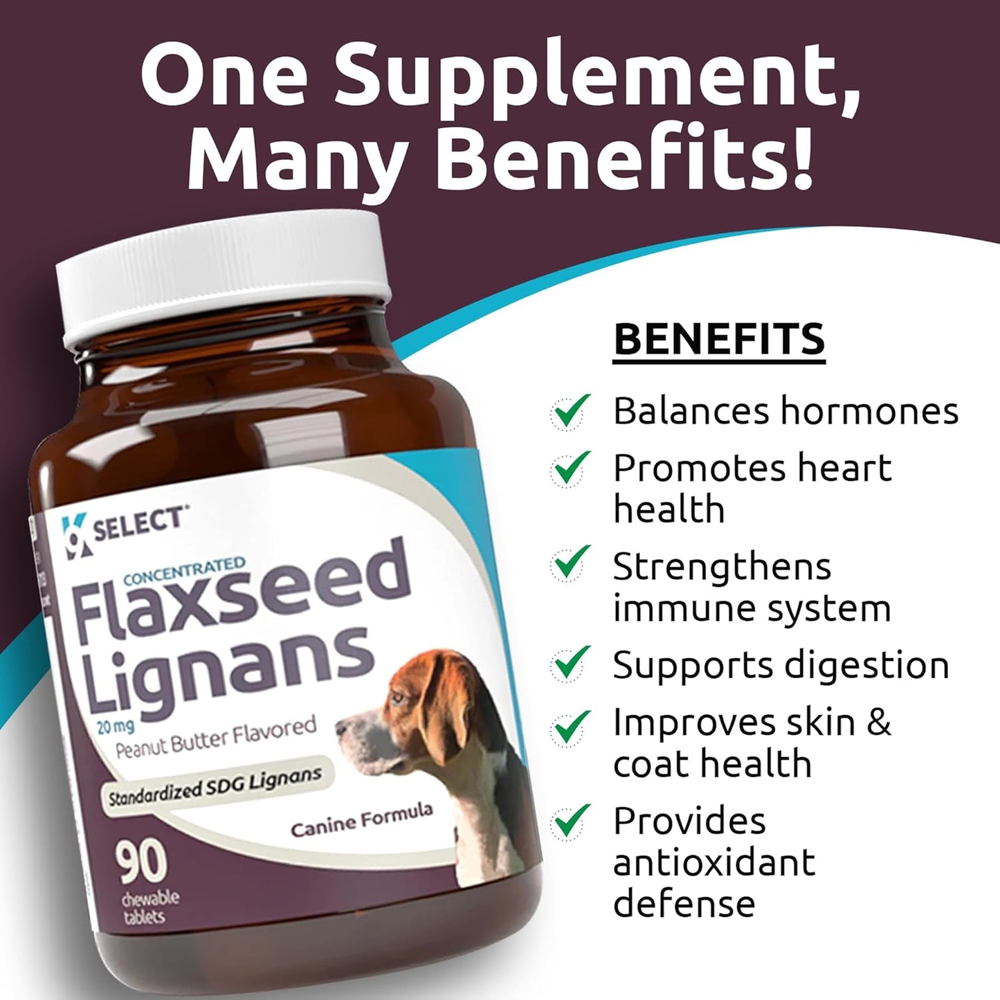Concentrated Flaxseed Lignans for Dogs - 20mg, 90 Chewable Tablets, Peanut Butter Flavor - Promotes Healthy Coat